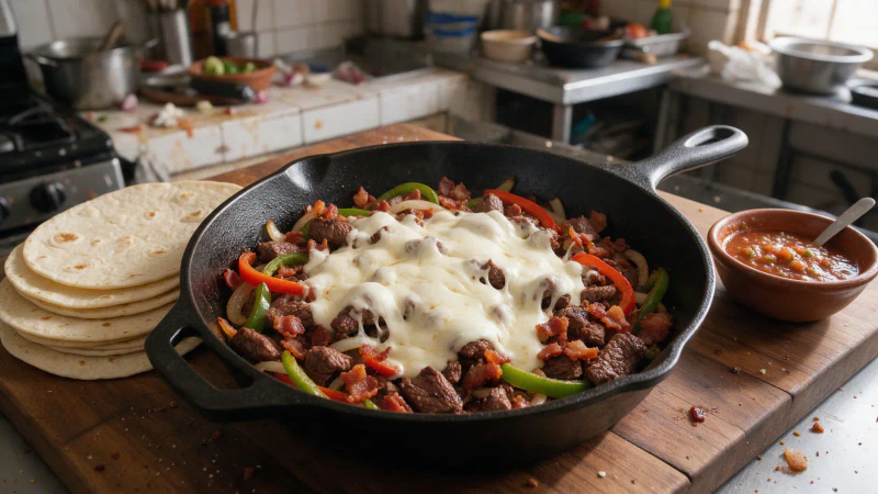 Alambre de res, receta mexicana con tocino y queso fundido