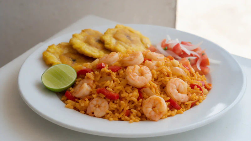 Arroz con camarones costeño, con caldo de cabezas y cáscaras