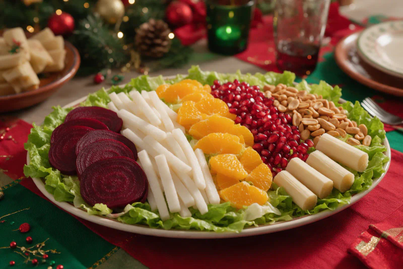 Ensalada de Nochebuena con betabel, jícama, naranja y caña