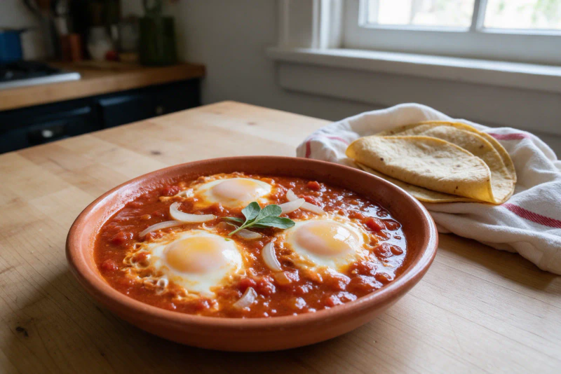 Huevos ahogados en caldillo de jitomate, rojos o verdes