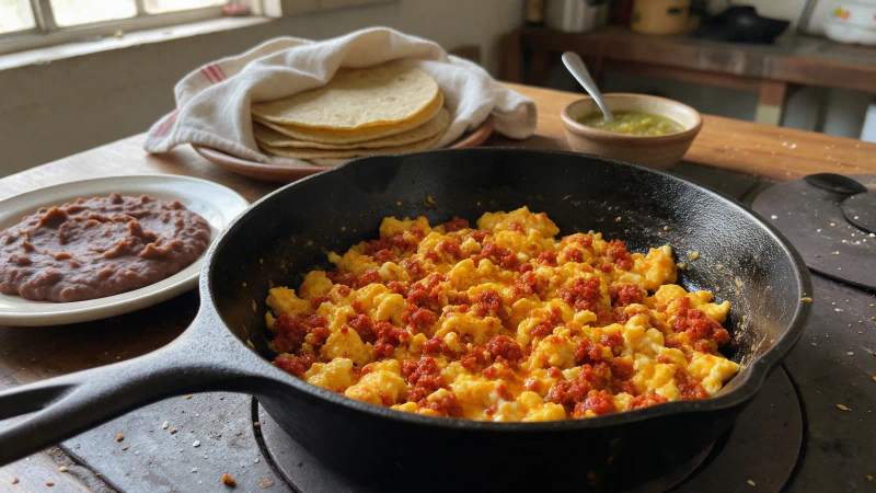 Huevos con chorizo, receta mexicana con frijoles y tortillas