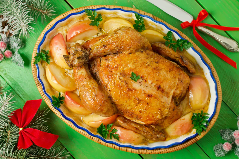 Pollo relleno navideño al horno, jugoso y para 6 personas