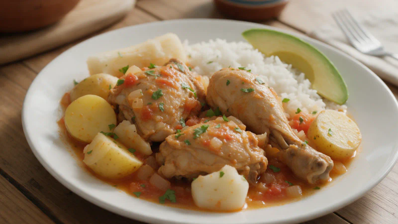 Sudado de pollo colombiano, con papa y yuca en su jugo