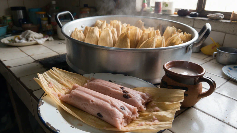 Tamales de dulce rosas, receta con pasas y masa esponjosa
