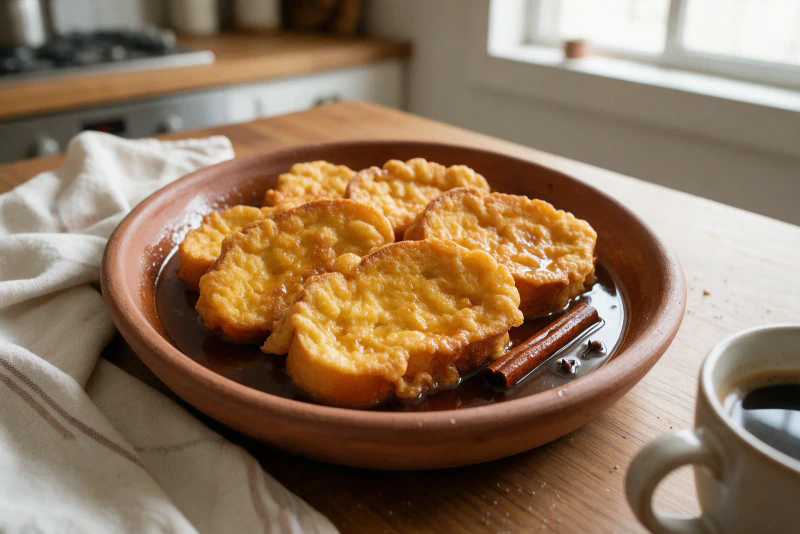 Torrejas con miel de piloncillo, receta fácil con bolillo