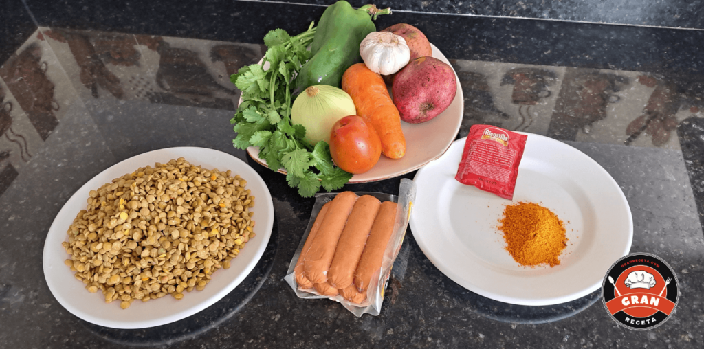 Ingredientes para lentejas con chorizo: lentejas, chorizo, zanahoria y papa