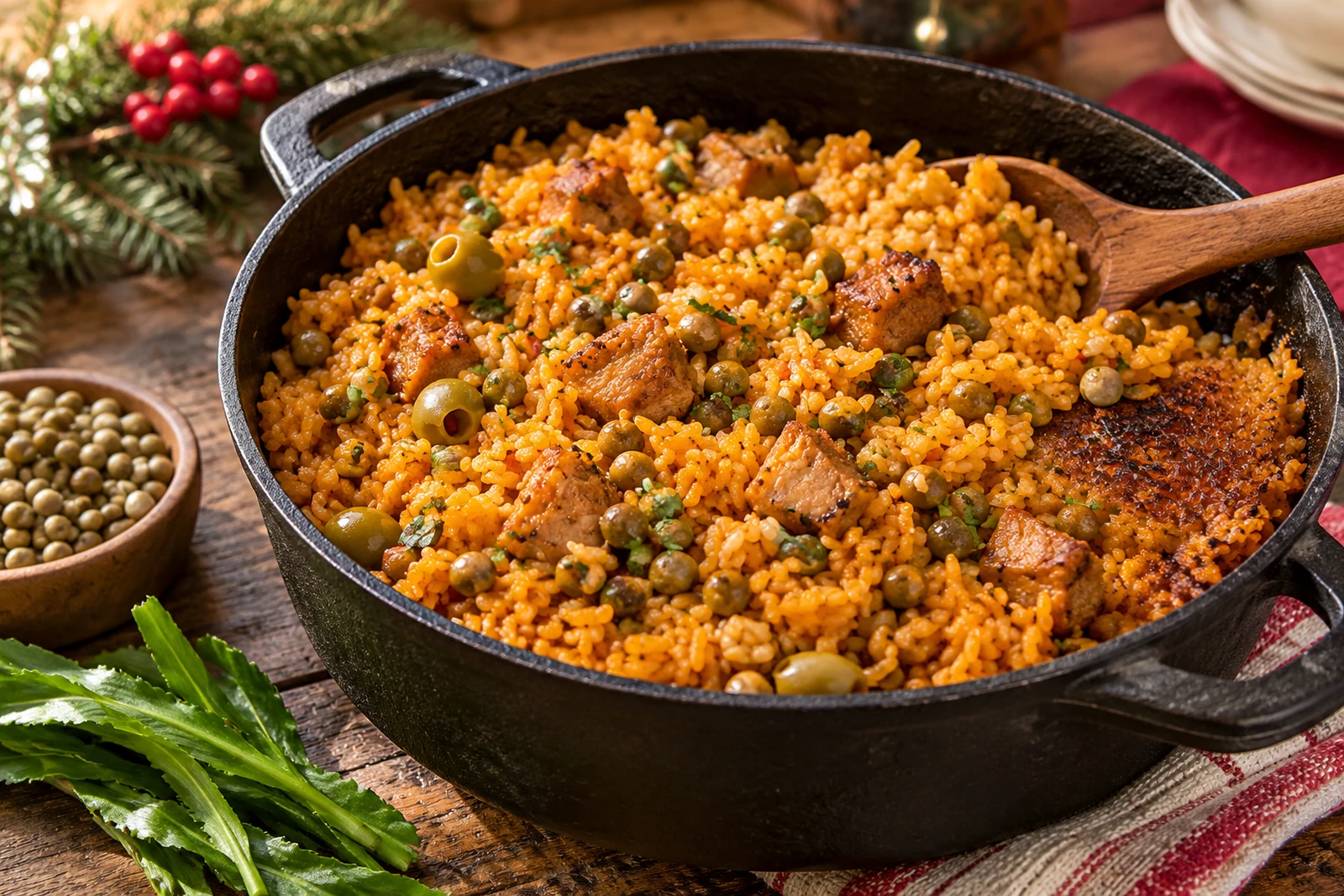 Arroz con gandules puertorriqueño, con sofrito y pegao