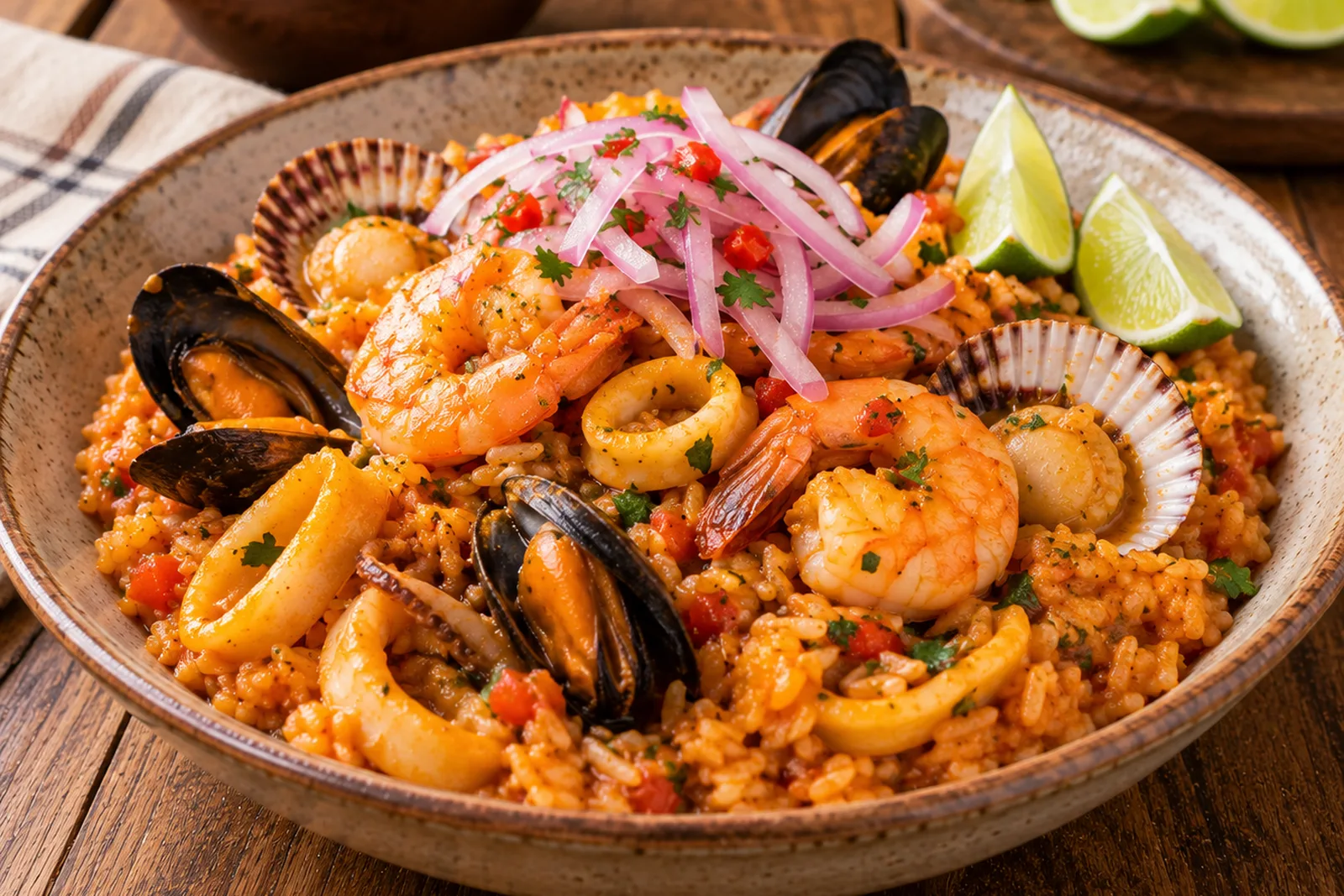 Arroz con mariscos peruano, húmedo y con ají panca