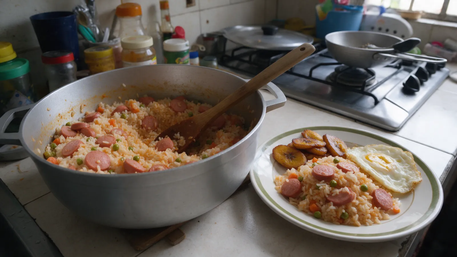 Arroz con salchicha colombiano, receta casera en una olla