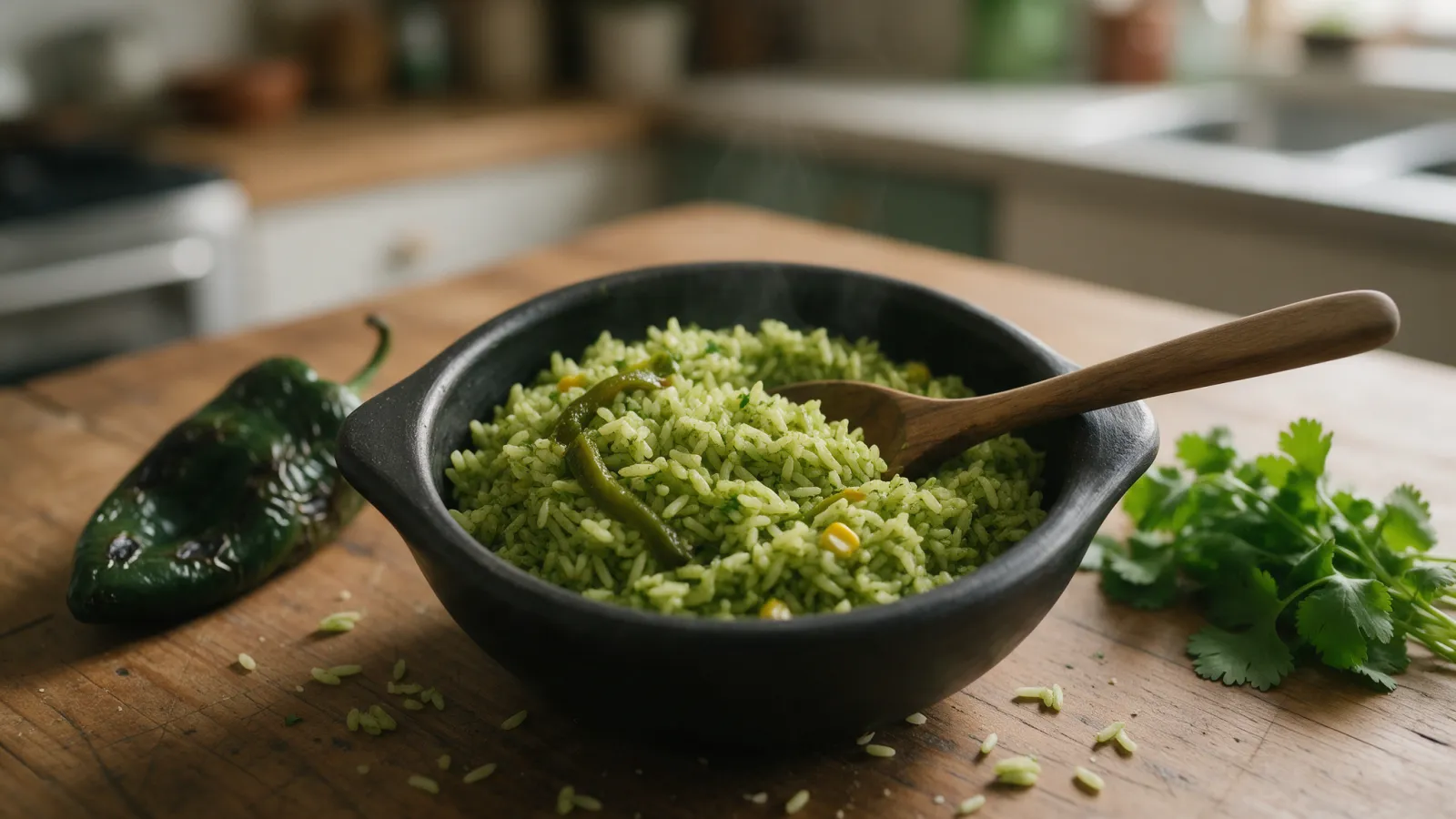 Arroz verde mexicano con poblano, suelto y bien verde