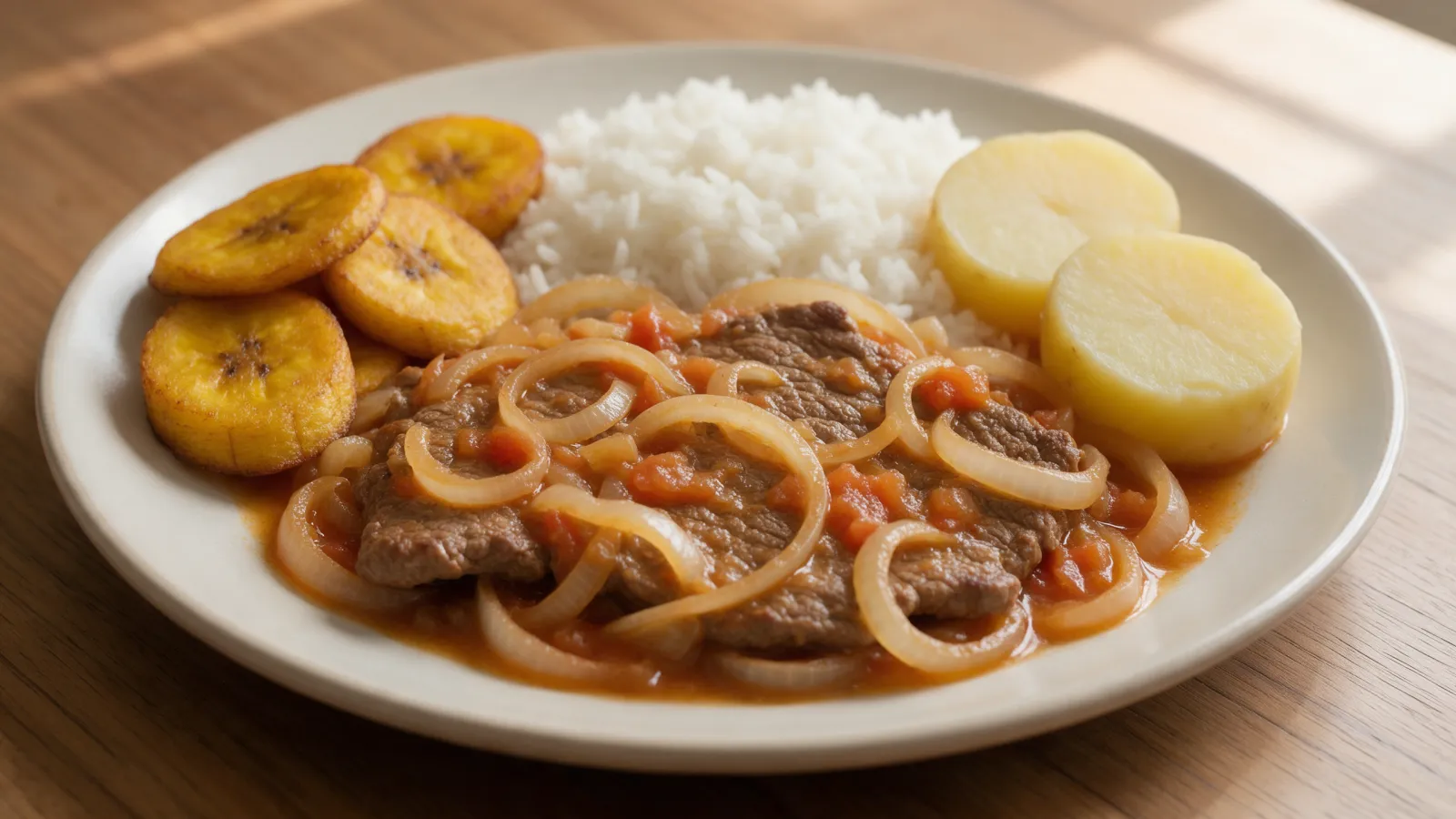 Carne en bistec colombiana, tierna y con salsa de cebolla