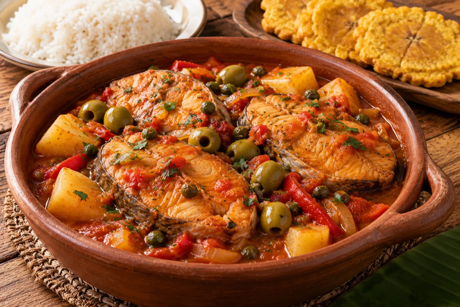 Corbullón de mero venezolano con papas y masitas de maíz