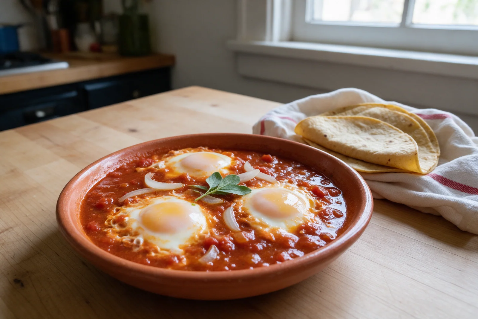 Huevos ahogados en caldillo de jitomate, rojos o verdes