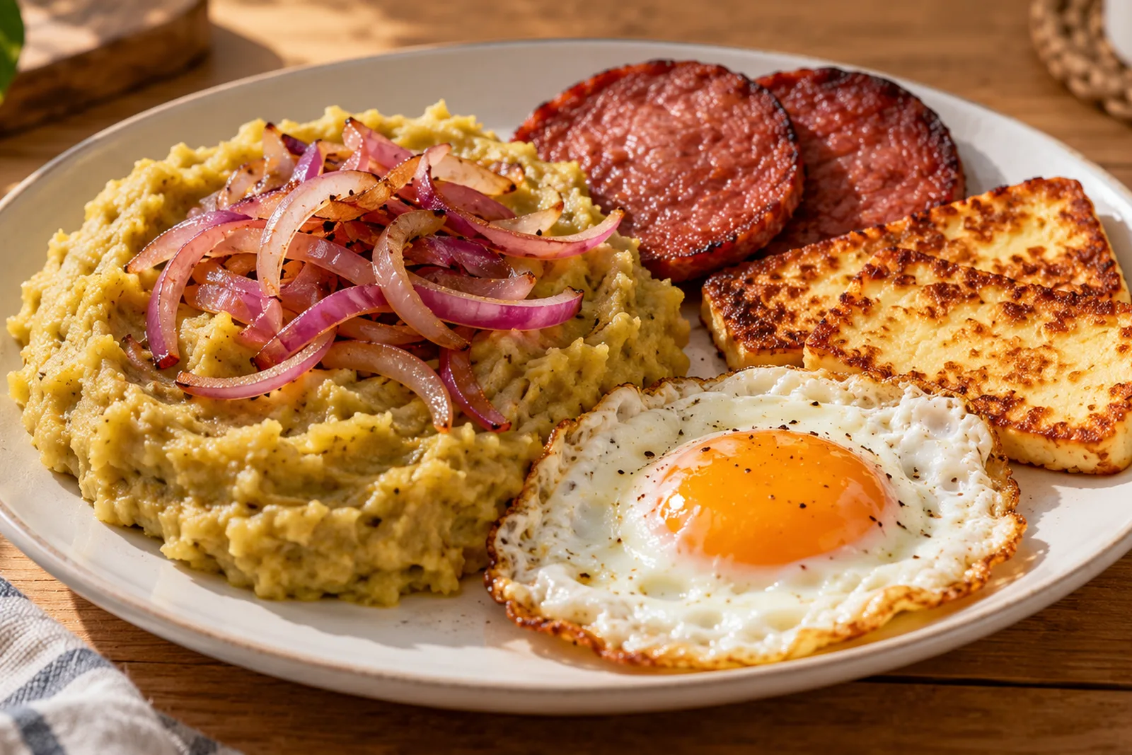 Mangú dominicano con los tres golpes, cremoso y sin grumos