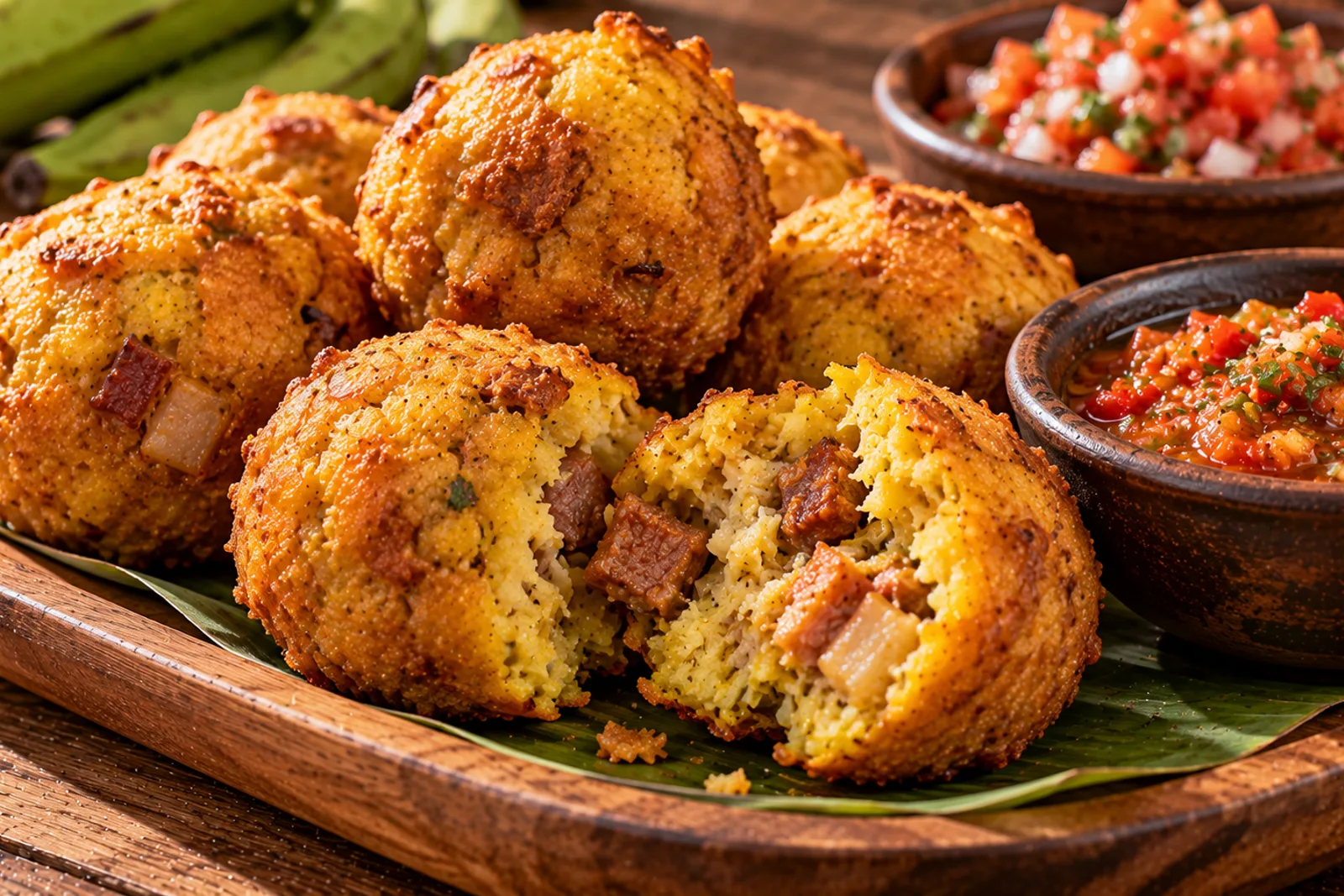 Marranitas vallunas, bolitas de plátano verde con chicharrón
