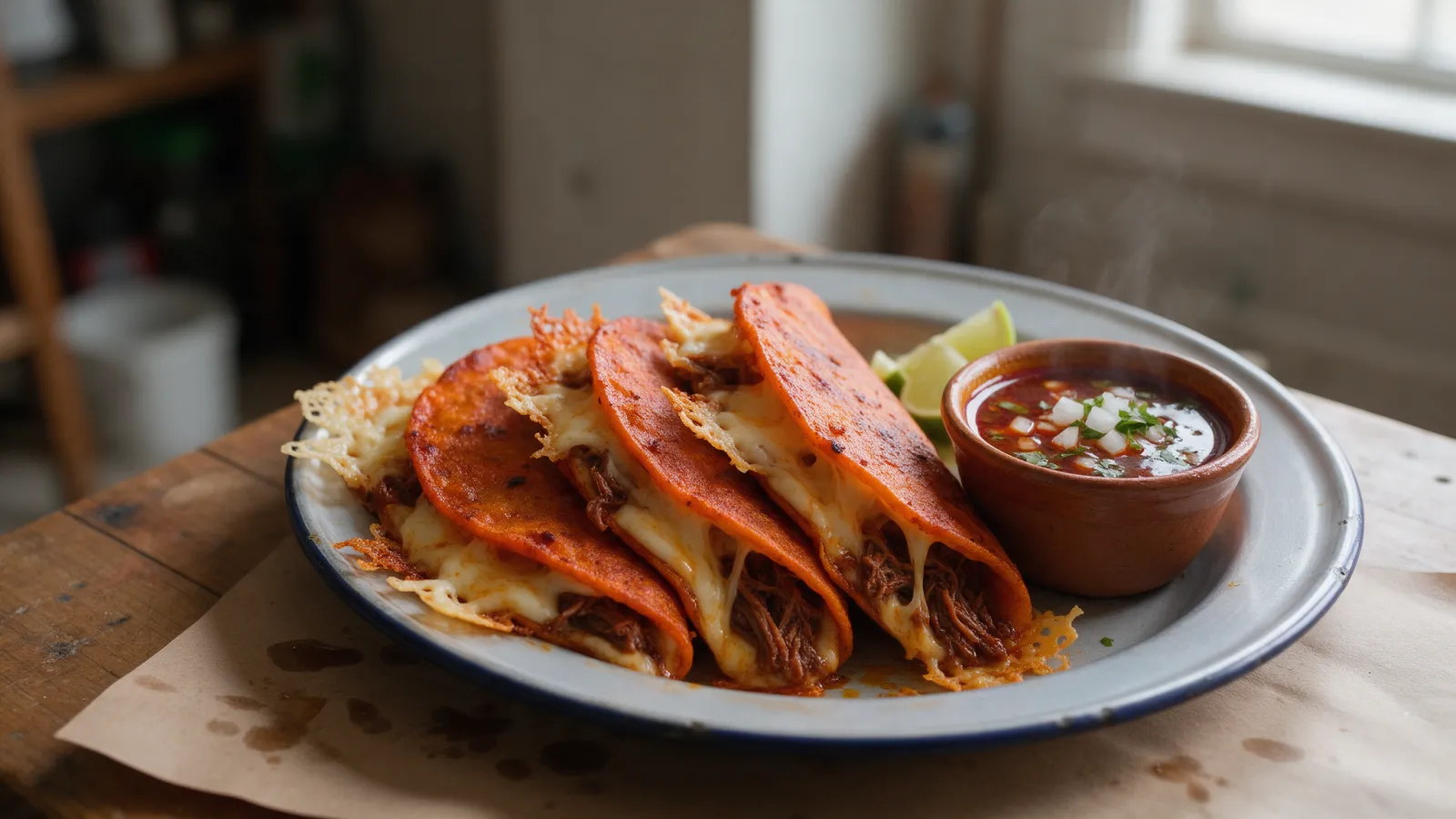 Quesabirria casera, tacos de birria con queso y consomé