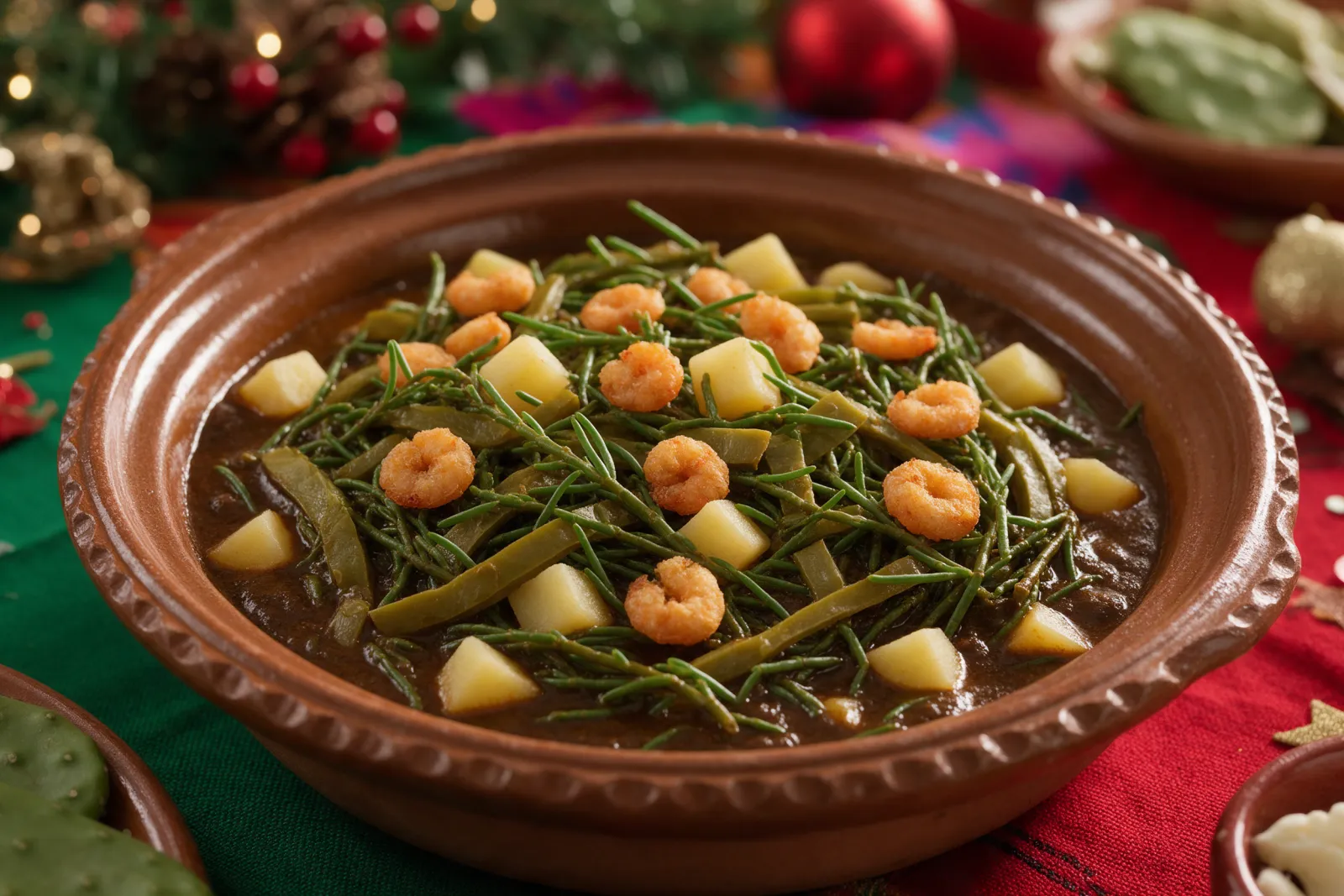 Romeritos con tortitas de camarón en mole para Nochebuena