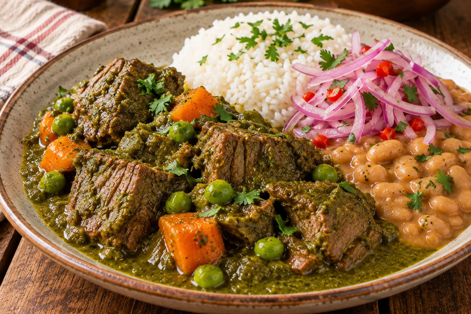 Seco de res peruano con culantro y frijoles canarios