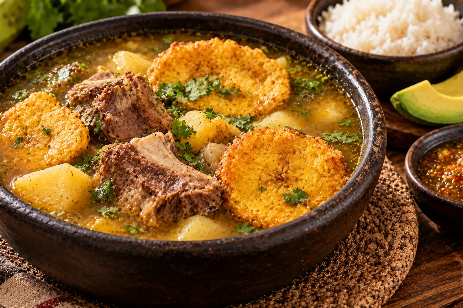 Sopa de patacón colombiana, con costilla y guiso para 6