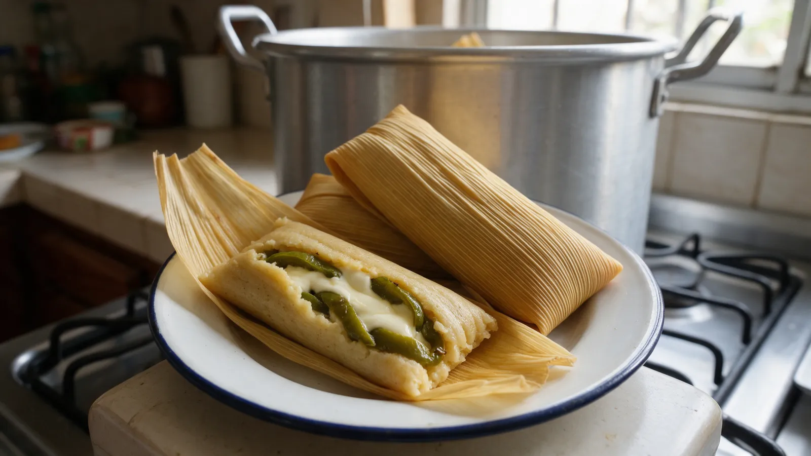 Tamales de rajas con queso, receta con poblano y masa batida
